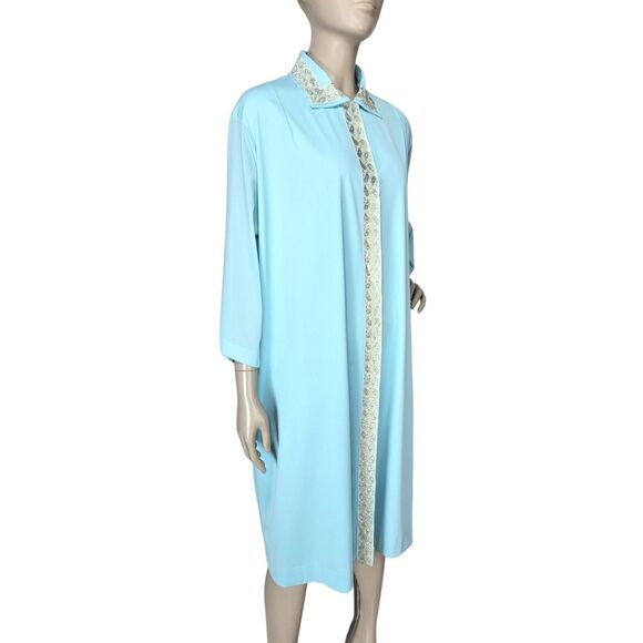 Vintage 50s/60s Lane Bryant Blue Metallic Gold Trim Snap Front Peignoir Robe XXL - Picture 1 of 9